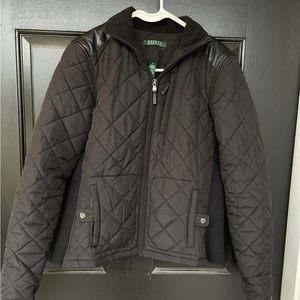 NWOT Lauren Ralph Lauren black quilted jacket lamb leather trim